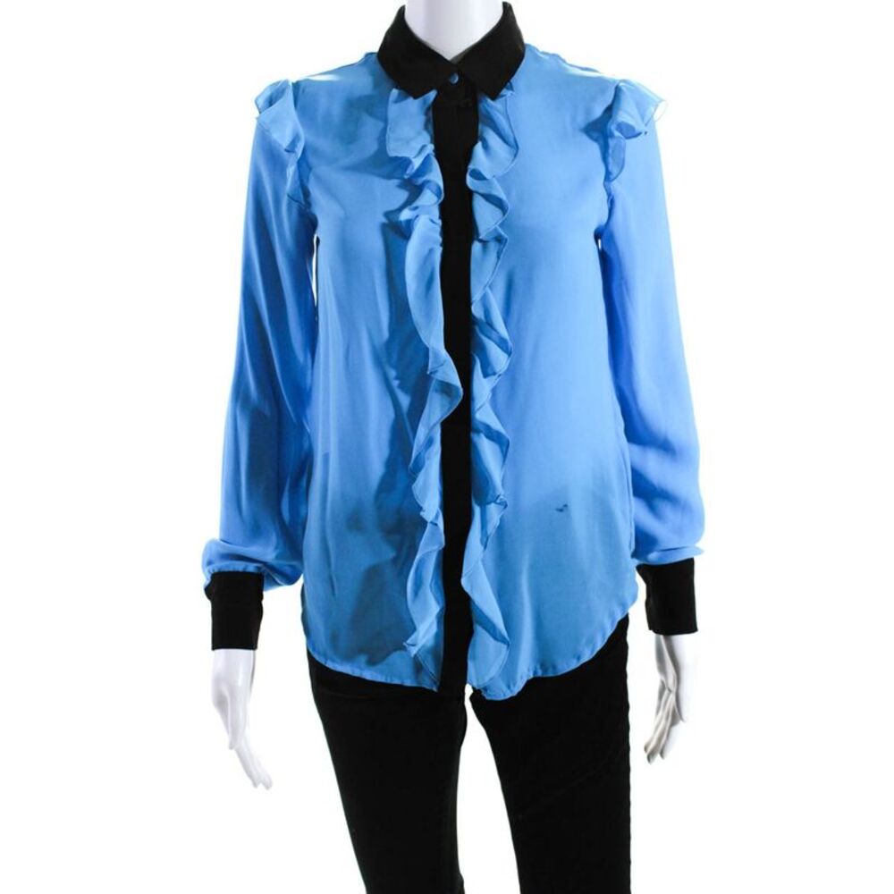 Prabal Gurung Womens Button Front Collared Ruffled Shirt Blue Black Size XS